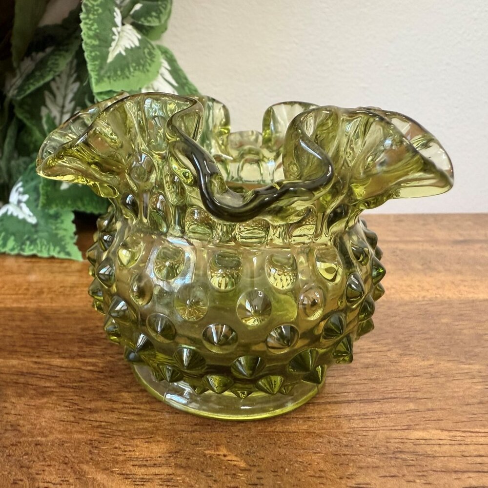 Fenton Colonial Green Hobnail Rose Bowl Ruffled Edge Vintage MCM Glass Vase
